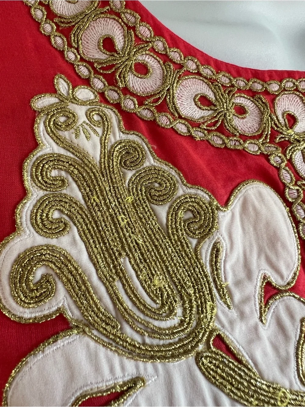 Tory Burch Coral Tunic Dress with Gold & White Embroidery